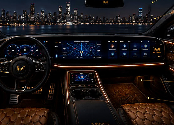 Mims Motors ambient lighting at night — 64-colour RGBW across eight independent zones