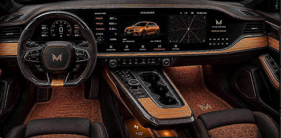 Mims Motors cockpit — flush glass display, bamboo Infinity Ribbon, floating bridge console