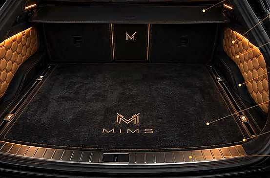 Mims Motors rear cargo area — honeycomb side trim, LED lighting, hemp carpet, management rails
