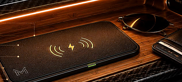 Mims SecureCharge Surface — Qi2 wireless charging pad integrated into Floating Bridge console