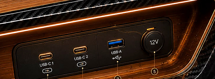 Mims Motors connectivity panel — dual USB-C, USB-A and 12V outlet in the Floating Bridge console