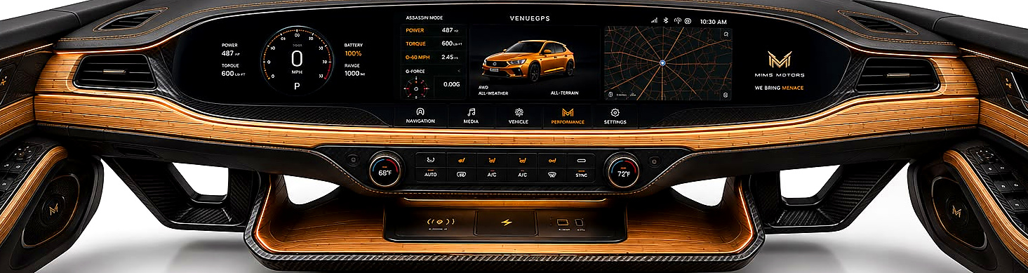 Layered Horizon dashboard architecture — Infinity Ribbon bamboo beam, flush glass display, floating bridge console