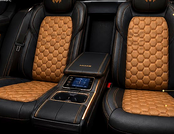 Mims Motors rear seating — individual buckets, centre command console, ambient lighting