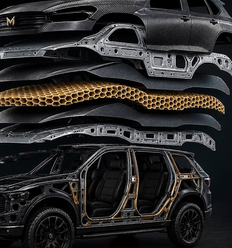Mims 7-Layer Protection System exploded view — carbon fibre, steel and hemp honeycomb layers